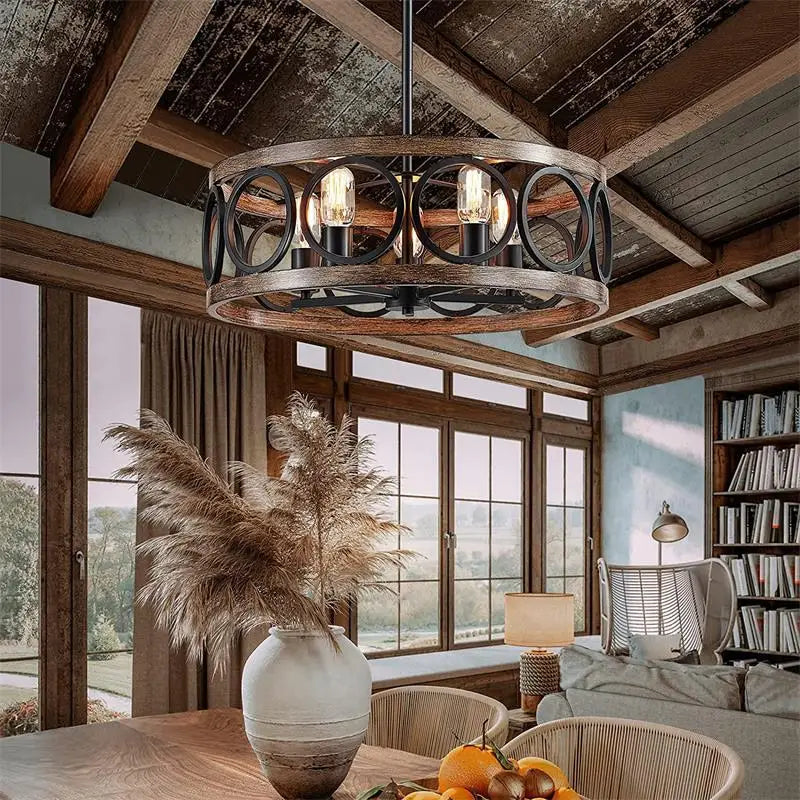 Lustre circulaire industriel américain ferme rétro fer Art Grain de bois pour Restaurant maison chambre plafonnier décor à la maison