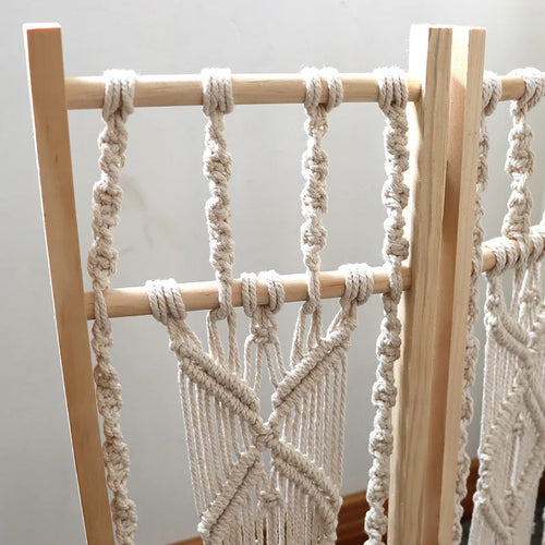 paravent bohème en bois massif tissé main décorations japonaises et coréennes - vue 6 sur 6