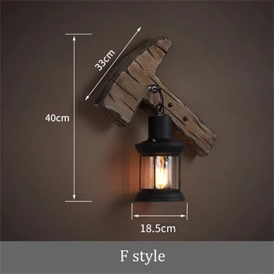 applique murale industrielle vintage en bois avec abat-jour en métal et verre - vue 13 sur 19