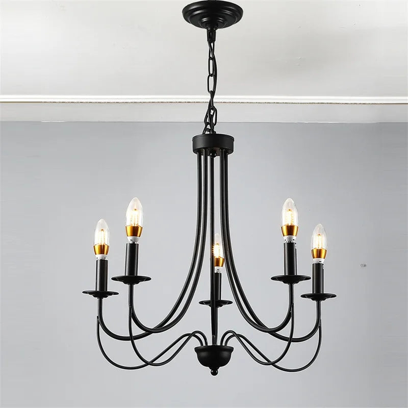 lustre en fer forgé noir 5 ampoules style industriel vintage américain - vue 5 sur 6