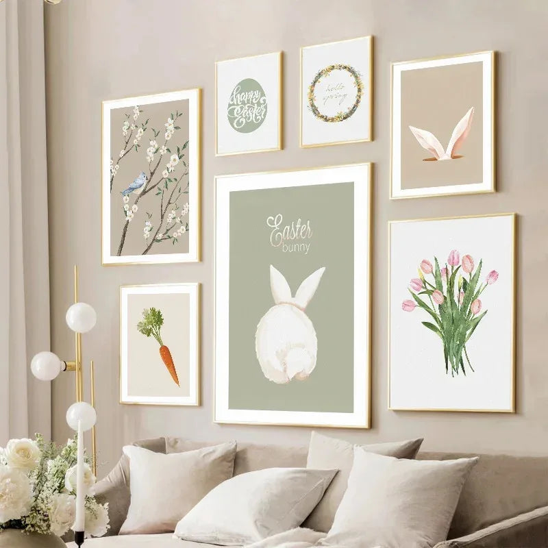 affiches de pâques avec lapin radis oeuf et fleurs printanières