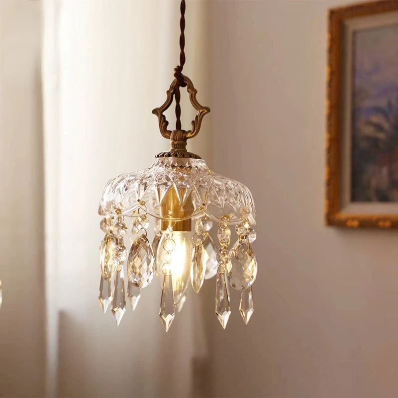 lustre en laiton nordique rétro suspendu en cristal et verre - vue 2 sur 10