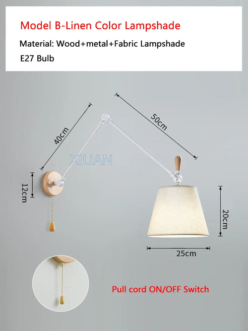 Nordic Shiftable Rocker Arm Wall Lamps Fabric Lampshade Dining Table Wall Light for Bedside Study Reading Lighting ON/OFF Switch - vue 9 sur 14