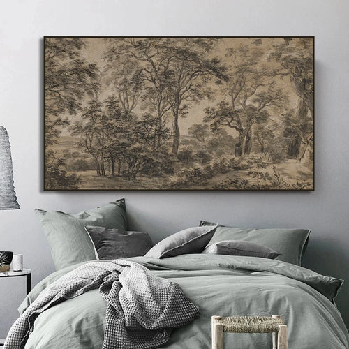 peinture vintage sur toile de paysage forestier neutre