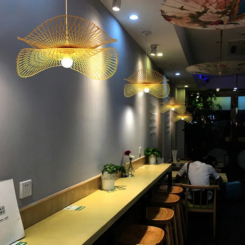 lustre chinois fait main en bambou avec éclairage led suspendu