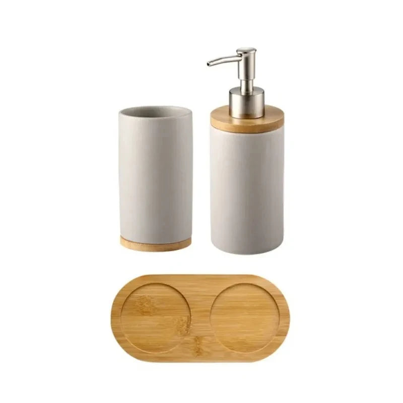 ensemble d'accessoires de salle de bain en céramique et bambou - vue 14 sur 16