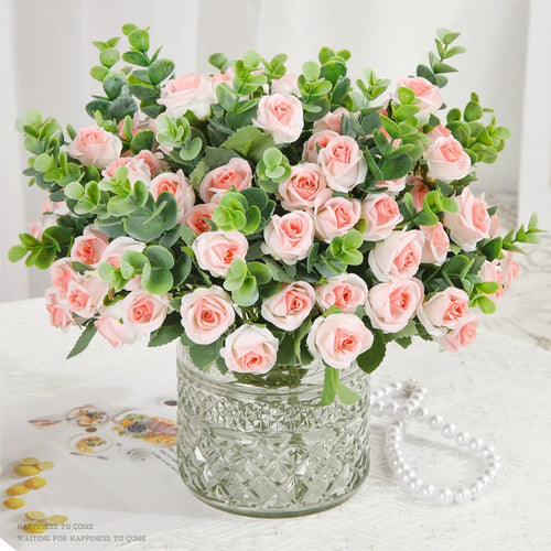lot de 10 roses artificielles bouquet avec eucalyptus et pivoines décoratif - vue 2 sur 10