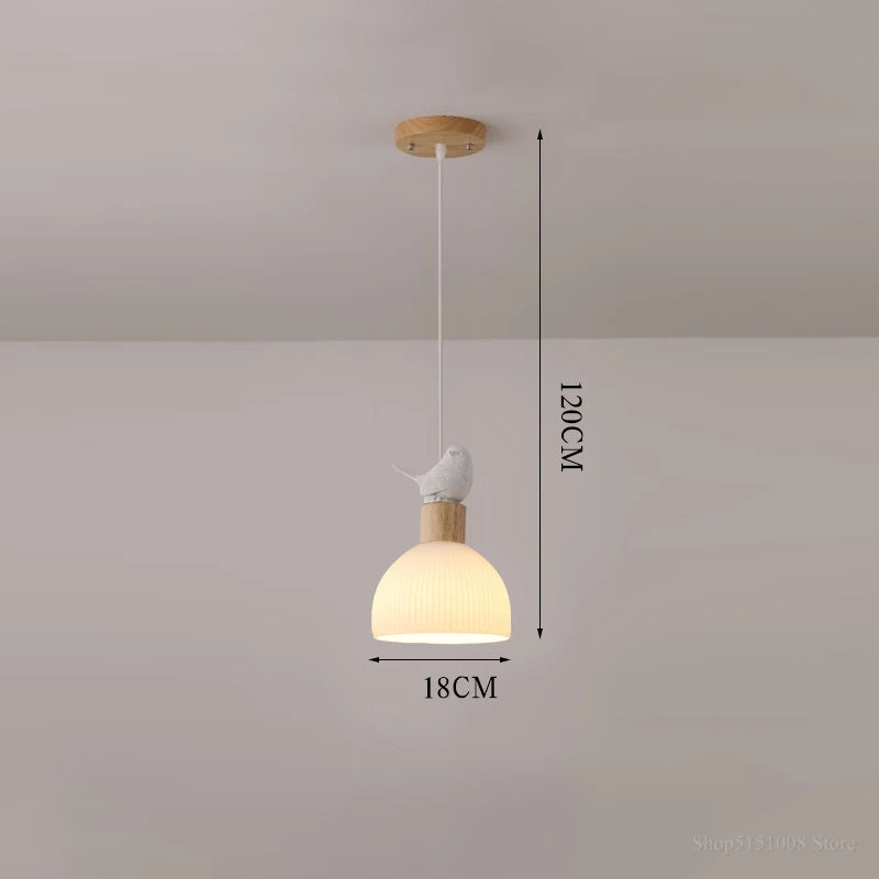 lustre led en bois avec abat-jour en verre blanc - vue 8 sur 8
