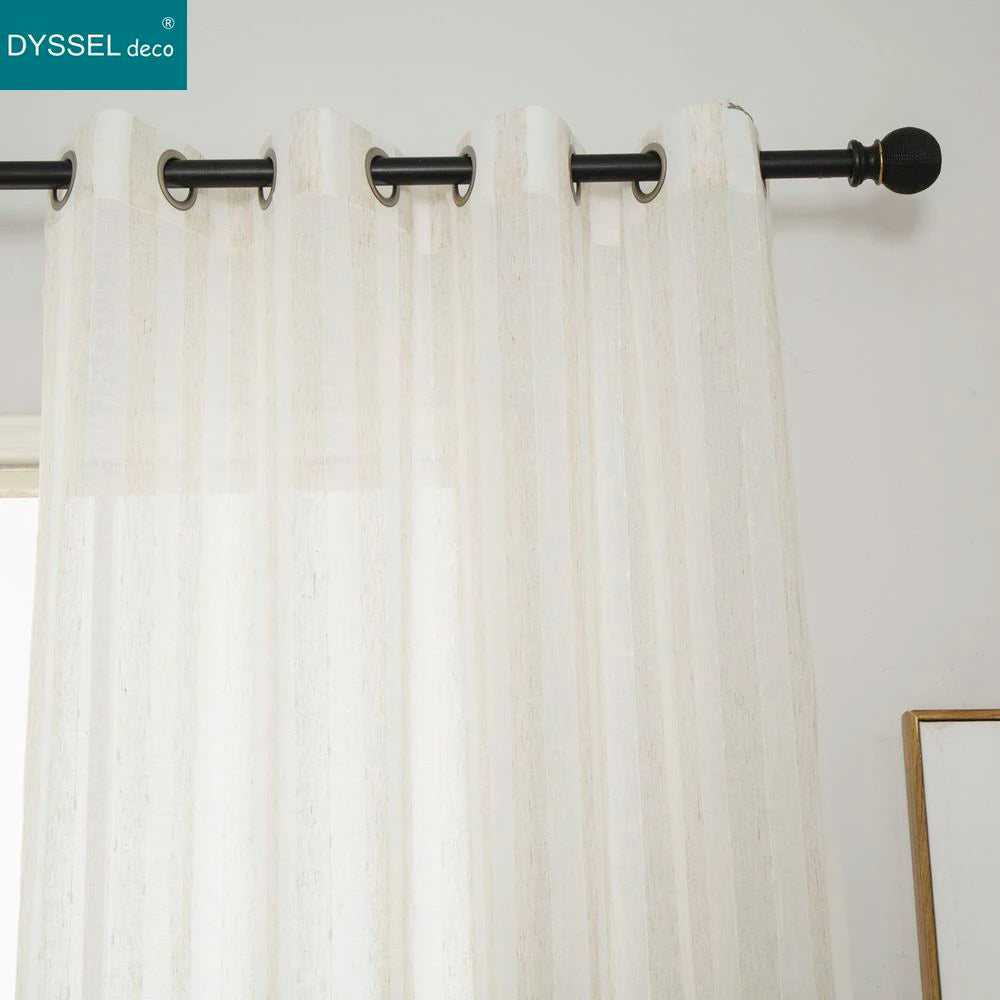 Rideau rayé style lin translucide pour salon chambre - vue 5 sur 7