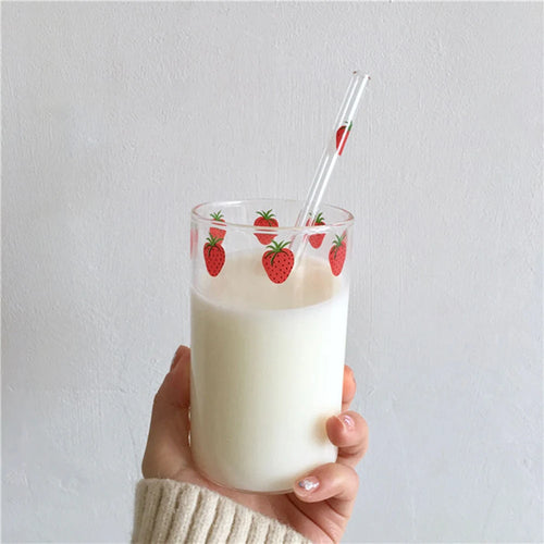 Gobelet verre paille motif fraise resistant chaleur 300ml