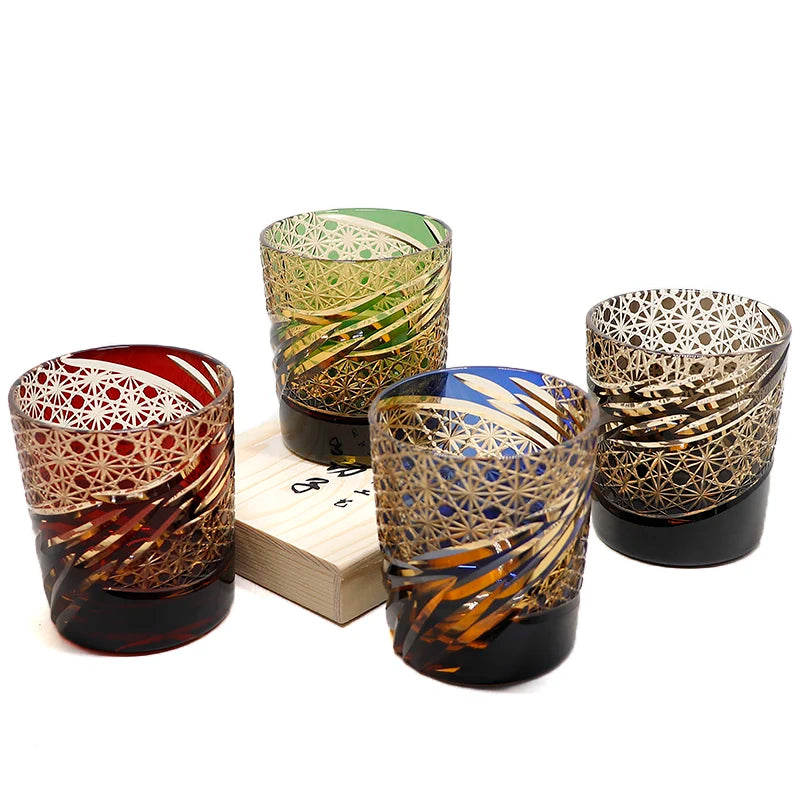 verre whisky japonais edo kiriko gravé motif géométrique