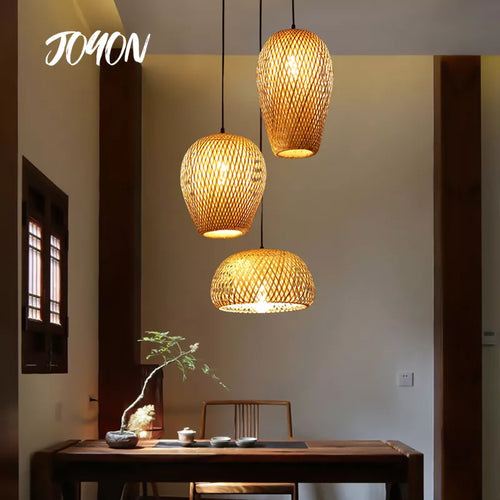 Suspension en bambou tissé à la main rétro salle à manger lanterne lustre E27 jardin maison chambre luminaires décoratifs suspension - vue 2 sur 14
