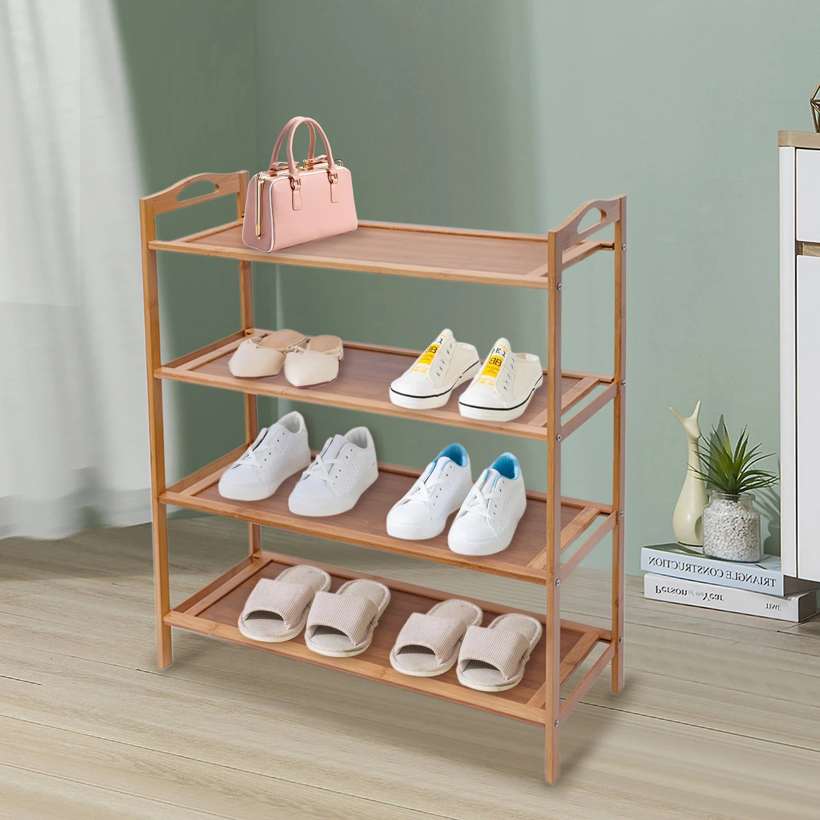 étagère à chaussures en bambou à quatre niveaux pour rangement polyvalent - vue 8 sur 7