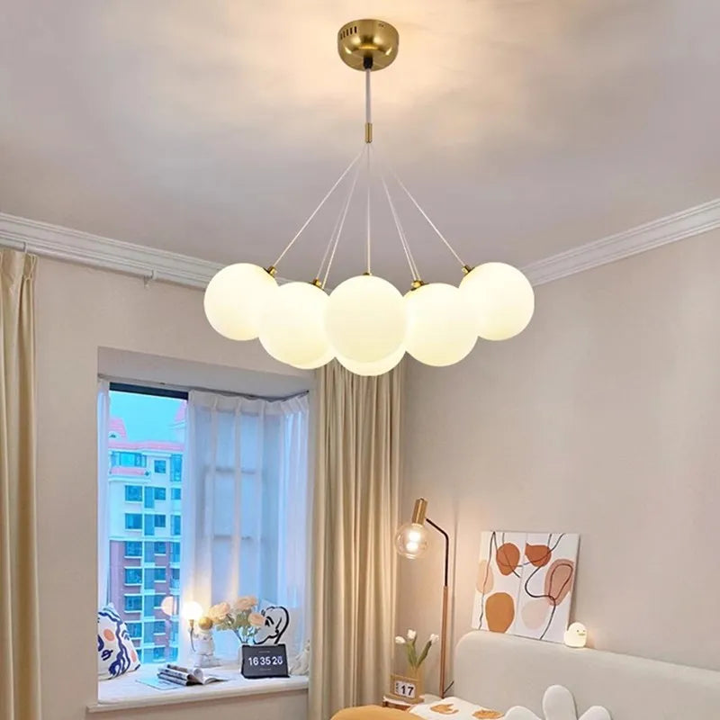 lustre verre moderne boules blanches led décoration salon salle manger - vue 4 sur 18