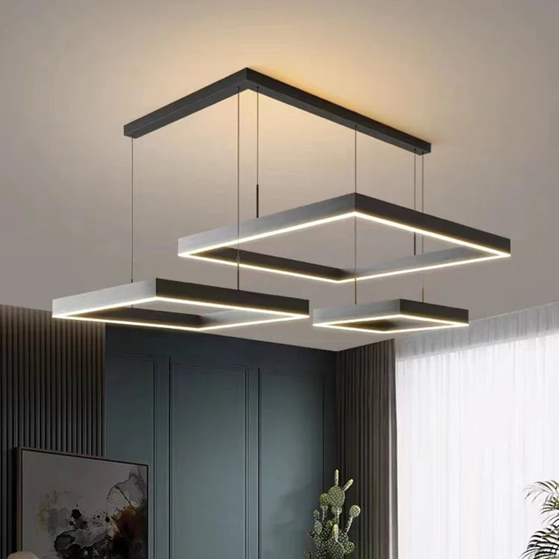 Lustre Led carré moderne pour salon salle à manger chambre cuisine noir Rectangle Led plafonnier suspension lampe