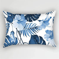 taie d'oreiller rectangulaire motif rayé fleurs bleues et feuilles