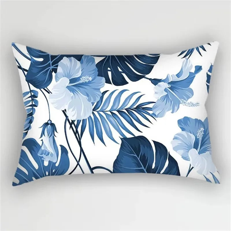 taie d'oreiller rectangulaire motif rayé fleurs bleues et feuilles