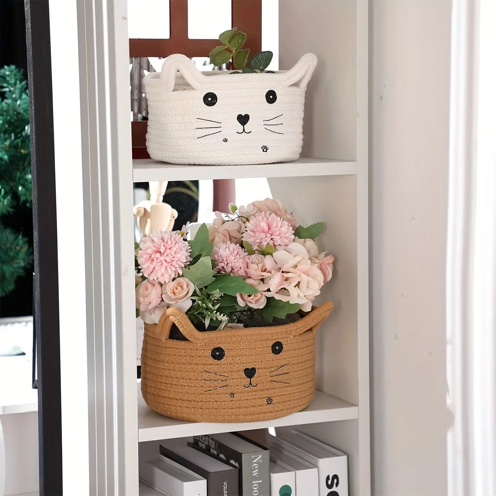 paniers de rangement en coton tissé tête de chat pour bureau et maison - vue 3 sur 11