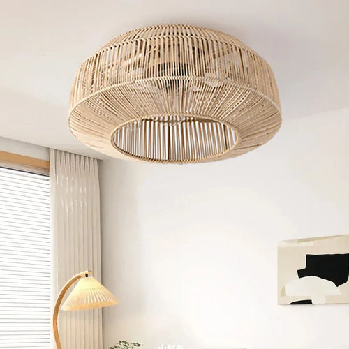 Ventilateur de plafond avec lumière rétro fait à la main en rotin de bambou ventilateur invisible lumières moderne simple Wabi-Sabi lampe de ventilateur de plafond d'îlot de cuisine