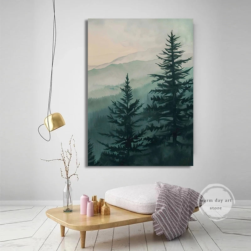 affiche aquarelle paysage de forêt de pins décor mural naturel
