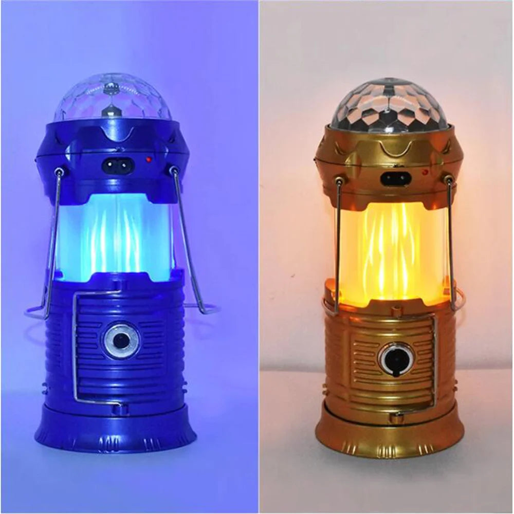 Solar Powered 4-in-1 Flame Waterproof Led Camping Lantern Light& Magic Ball Disco Lamp Flashlight for Tent,Party - vue 5 sur 9