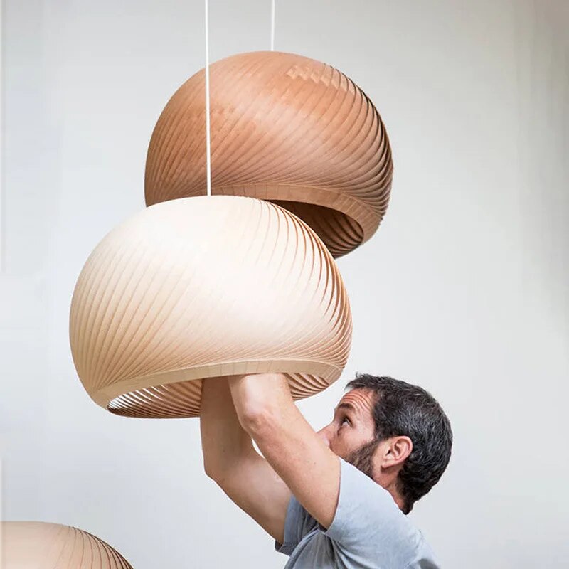 Suspension LED demi boule en bois simple
