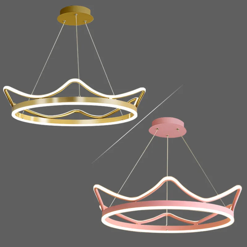Nordique moderne LED or rose en acier inoxydable suspension bande couronne forme anneau lustre bébé enfants chambre plafonnier