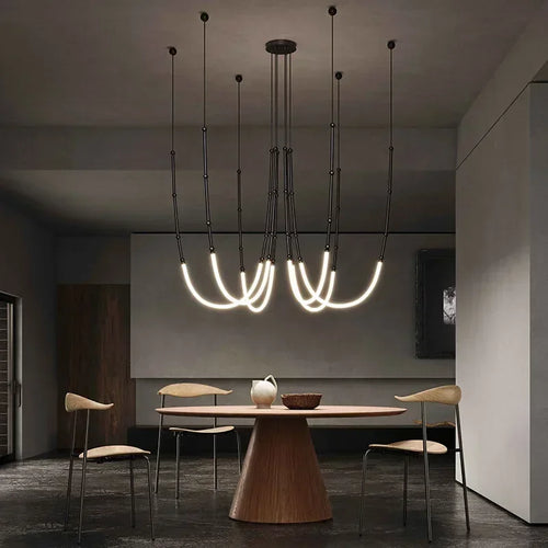 lustre moderne en bambou fer et silicone avec lumières led - vue 2 sur 17