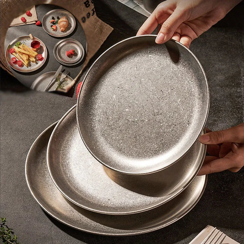 Assiettes inox style industriel retro plateaux cuisine - vue 2 sur 7