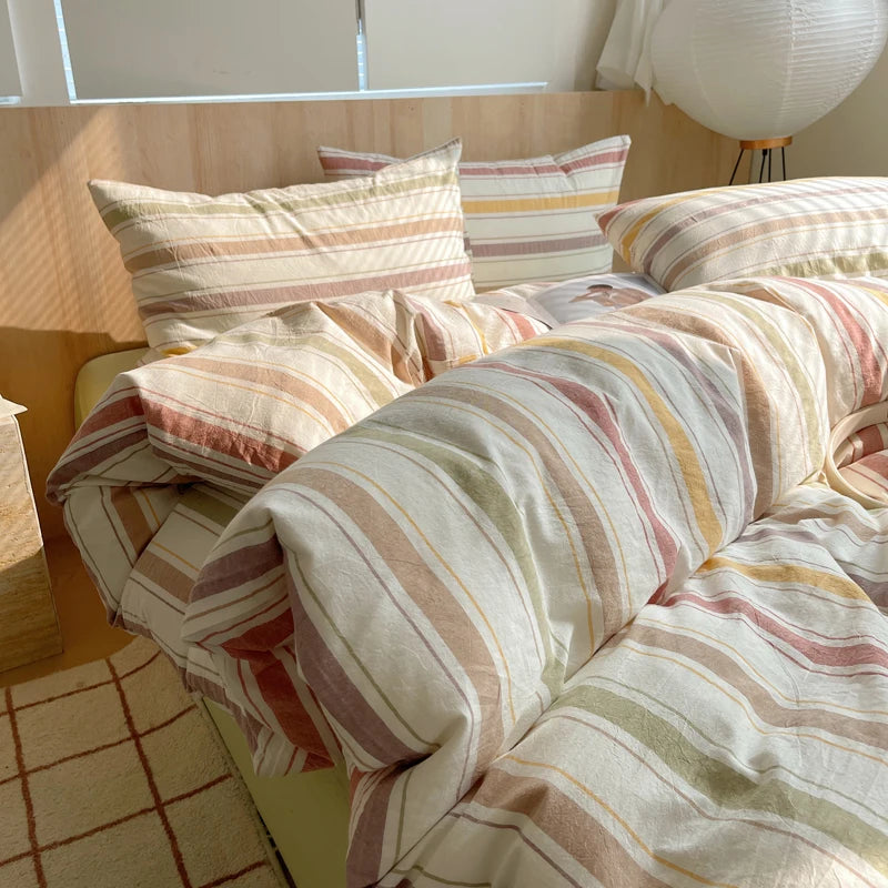 housse de couette rayée rose en coton pour chambre fille