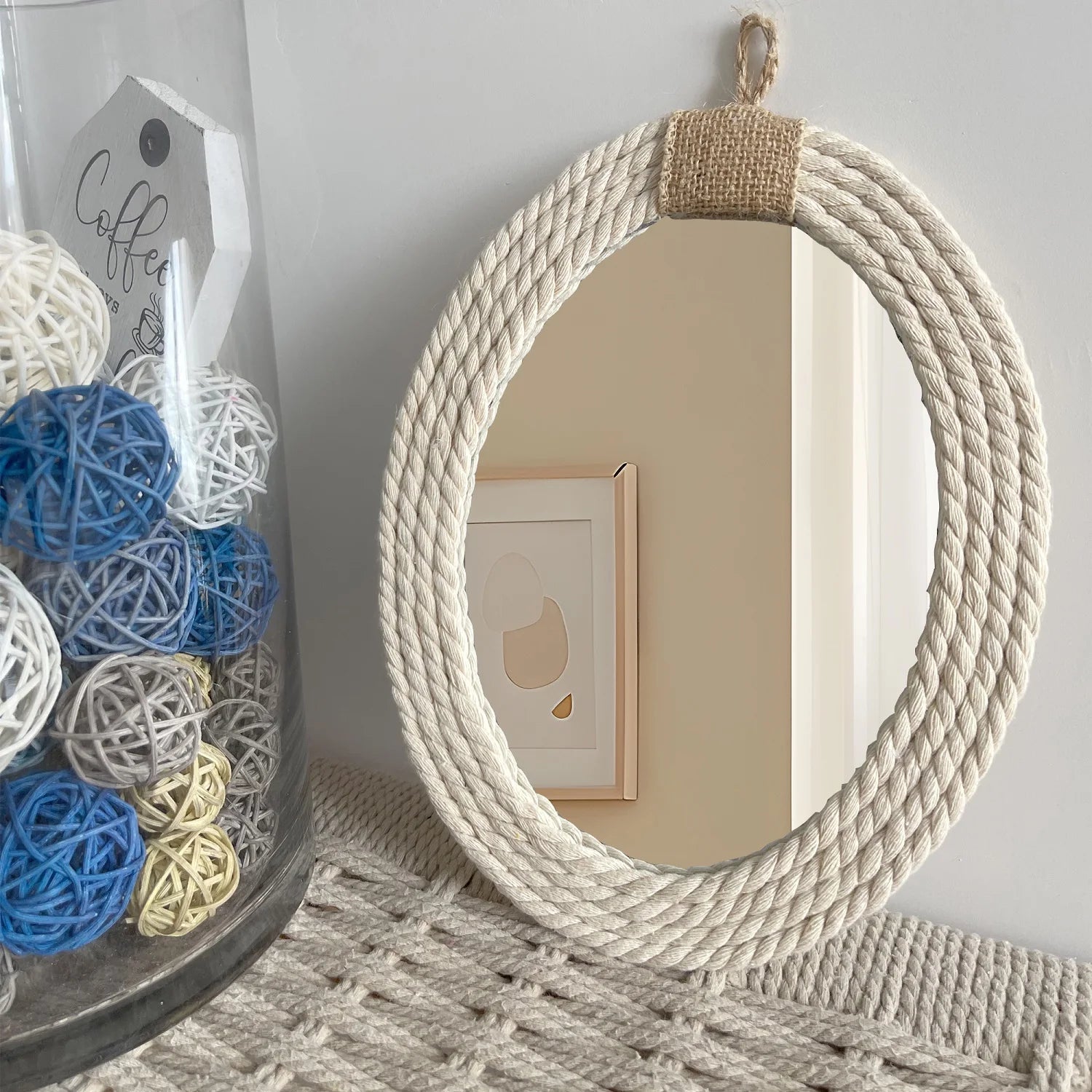 miroir ovale en corde de coton style nautique bohéme - vue 3 sur 7
