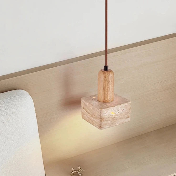 Lampe suspension LED carré en pierre lustre chambre chevet Style crème en bois massif rétro lumière E27 ampoule pour salon maison Bar