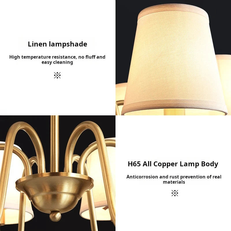 lustre américain rétro en cuivre avec led et tissu suspendu - vue 6 sur 11
