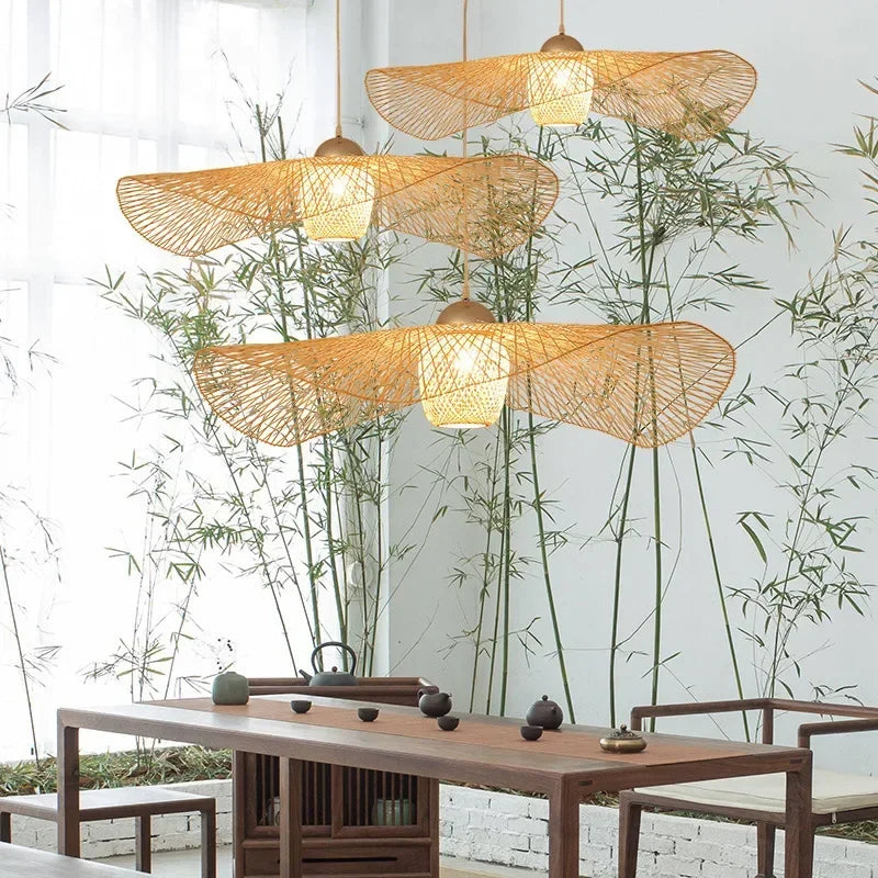 Suspension en bambou de style japonais lampe de plafond créative pour salle à manger lustre de restaurant E27 Luminaire à Suspension