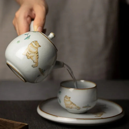 Théière ru kiln céramique motif chat poignée latérale