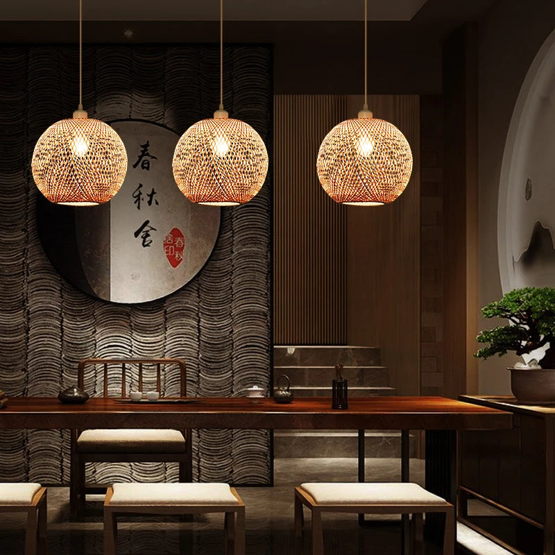 lustre moderne nordique en bambou tissé à la main led - vue 5 sur 10