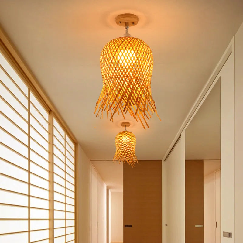 Plafonnier en bois naturel Lampe en bambou Multi Style Tricoté à la main Salon Chambre Éclairage Déco