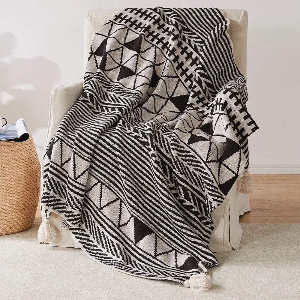 plaid tricoté géométrique bohème avec pompons doux chaud - vue 4 sur 6