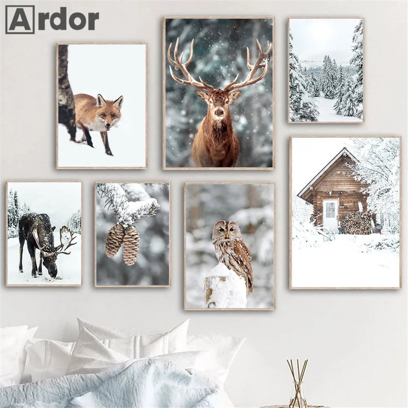décoration murale renard hibou cerf forêt hiver neige