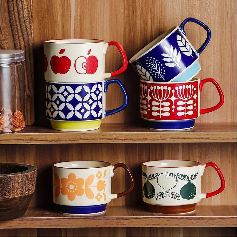 Ensemble tasses japonaises motif floral retro ceramique