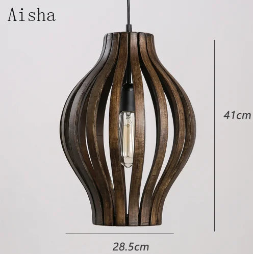 lustre rétro en bois style sud-est asiatique pour décoration intérieure - vue 6 sur 7