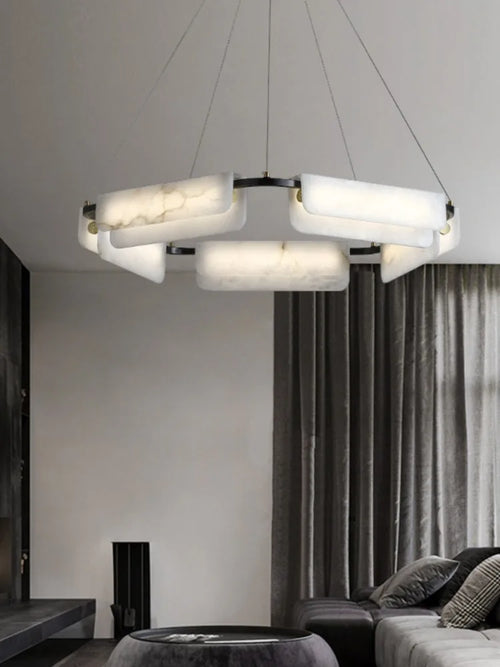 lustre en marbre naturel pur et cuivre design lumineux moderne - vue 4 sur 11