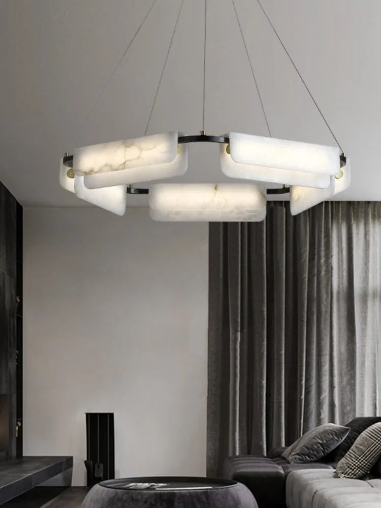 lustre en marbre naturel pur et cuivre design lumineux moderne - vue 3 sur 11
