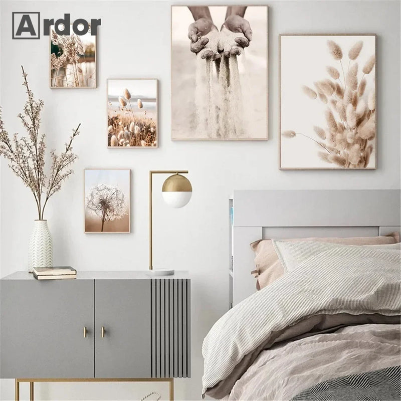 art mural nature roseaux oiseaux fleurs empreintes sable décor nordique