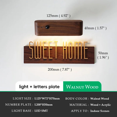DIY Customizable English alphabet Walnut Wood Retro, Decorative Plaque Charge Inductive Lighting for Entrance Door, commercial