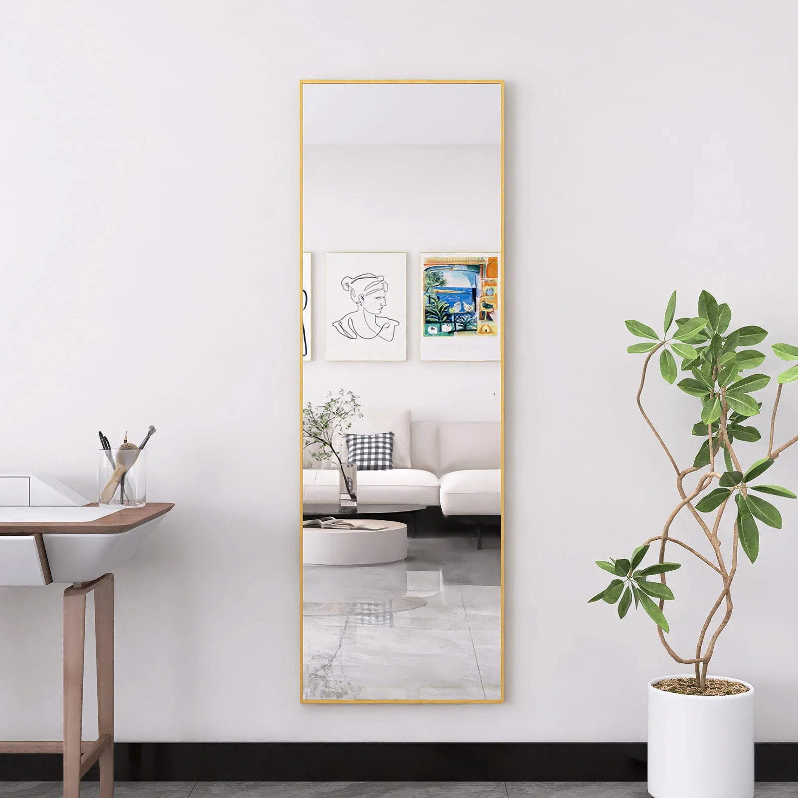 miroir cosmétique en verre trempé avec cadre doré en aluminium - vue 4 sur 6