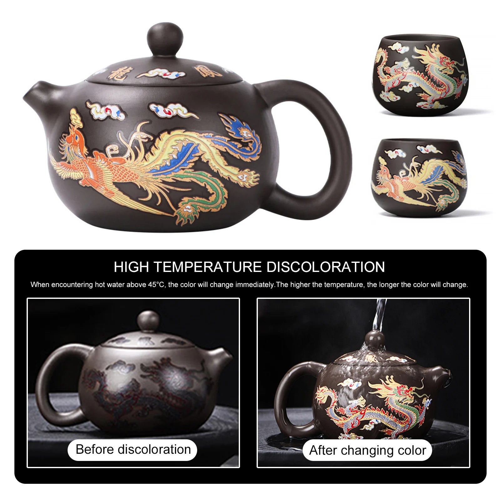Théière gongfu argile motifs dragons phénix artisanale - vue 6 sur 7