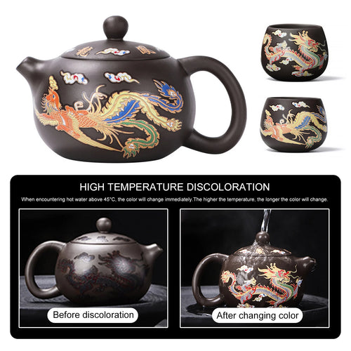 Théière gongfu argile motifs dragons phénix artisanale