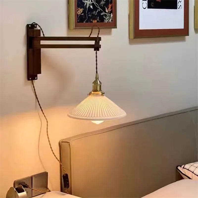 applique murale japonaise en bois rétro avec abat-jour en céramique - vue 4 sur 17
