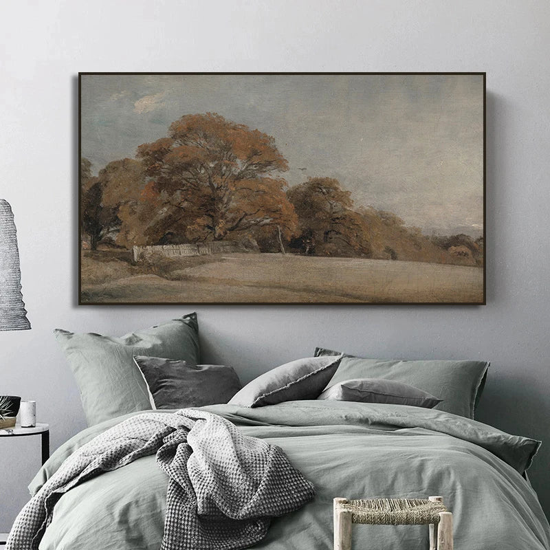 peinture vintage sur toile de paysage forestier neutre